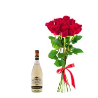 Букет роз 9 штук 70см, и шампанское "For Love"